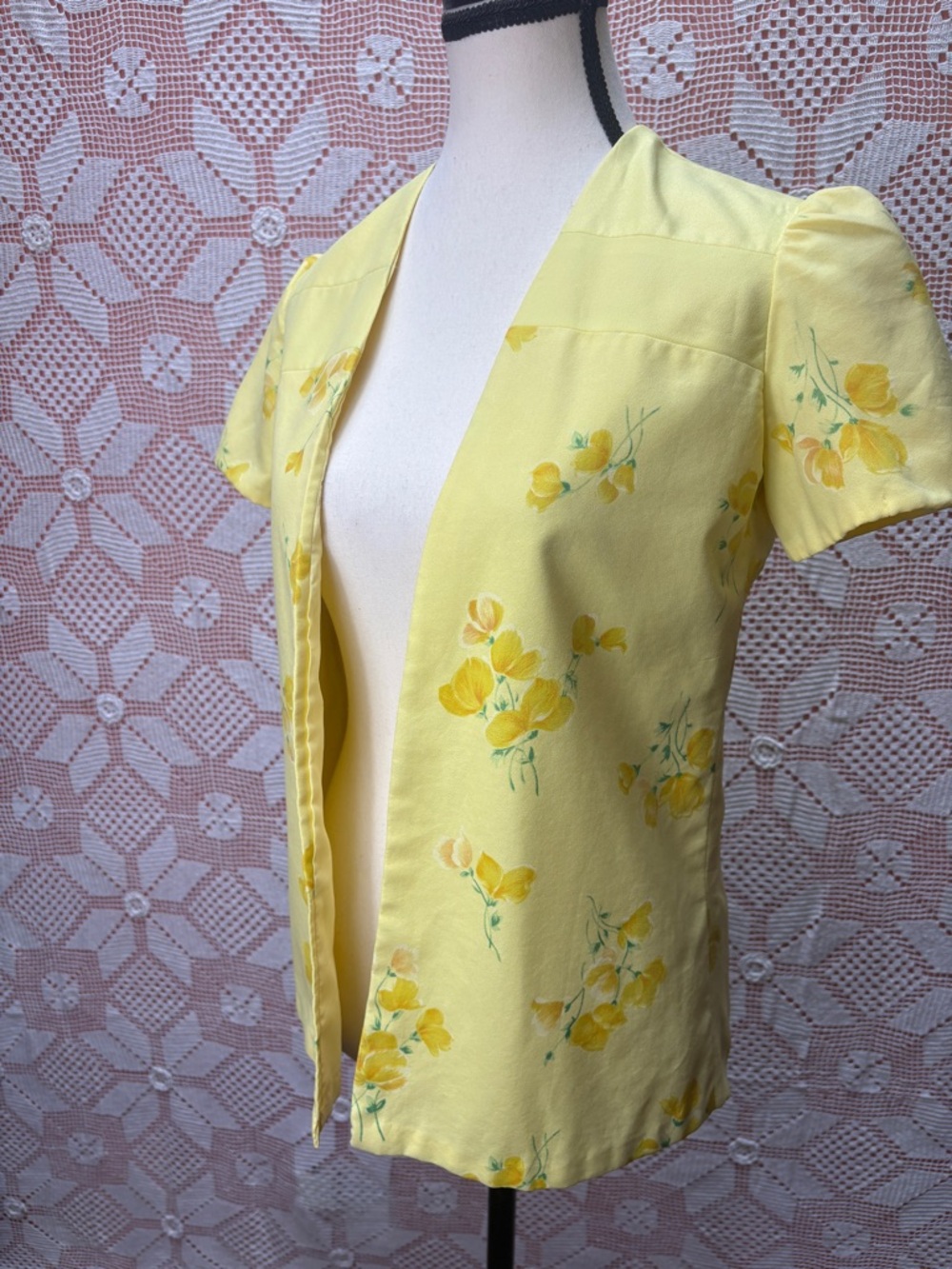 Vintage Yellow Floral Blouse Puff Sleeve Open Front SzSm - Picture 9 of 9